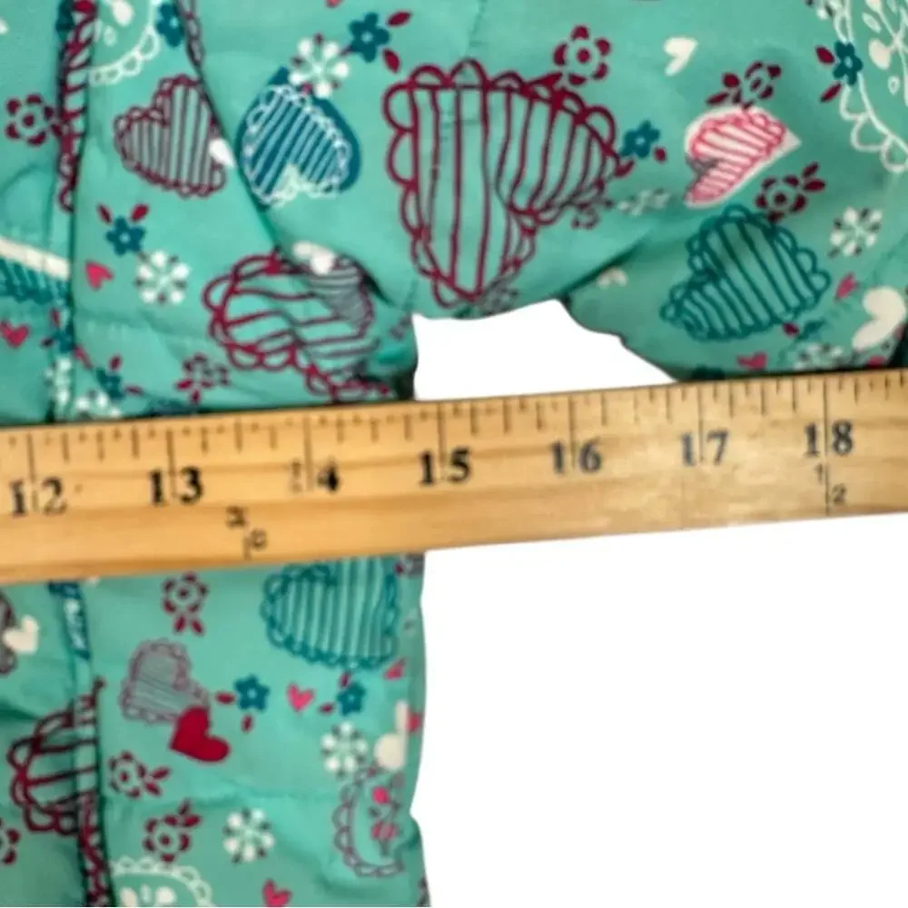 Gusti Kids Teal Puffer Jacket Pink Hearts Size 5 Winter Warm Coat
